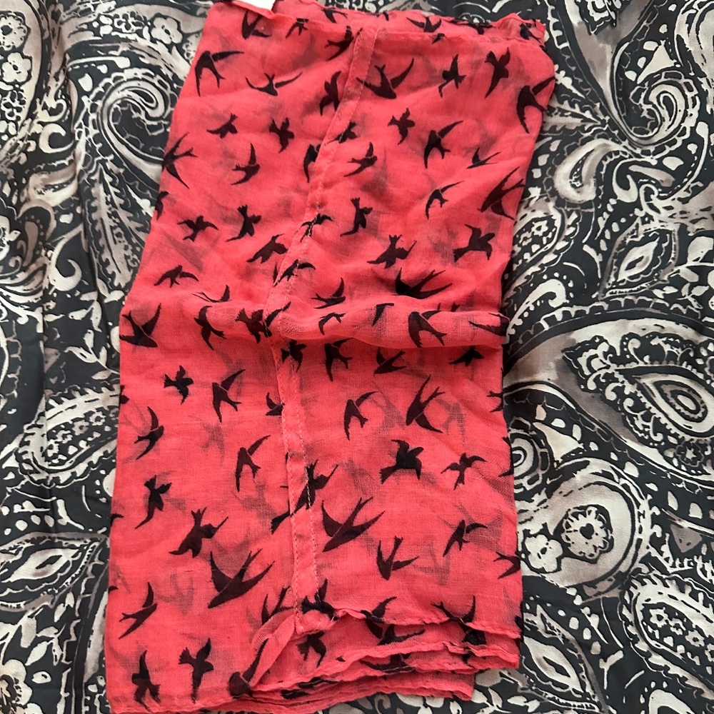 Coral Scarf with Bird Print